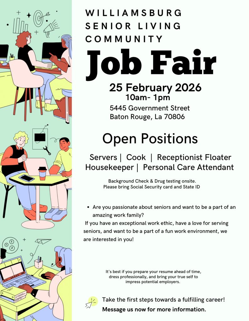 February 2026 Baton Rouge Job Fair at Williamsburg Senior Living Community